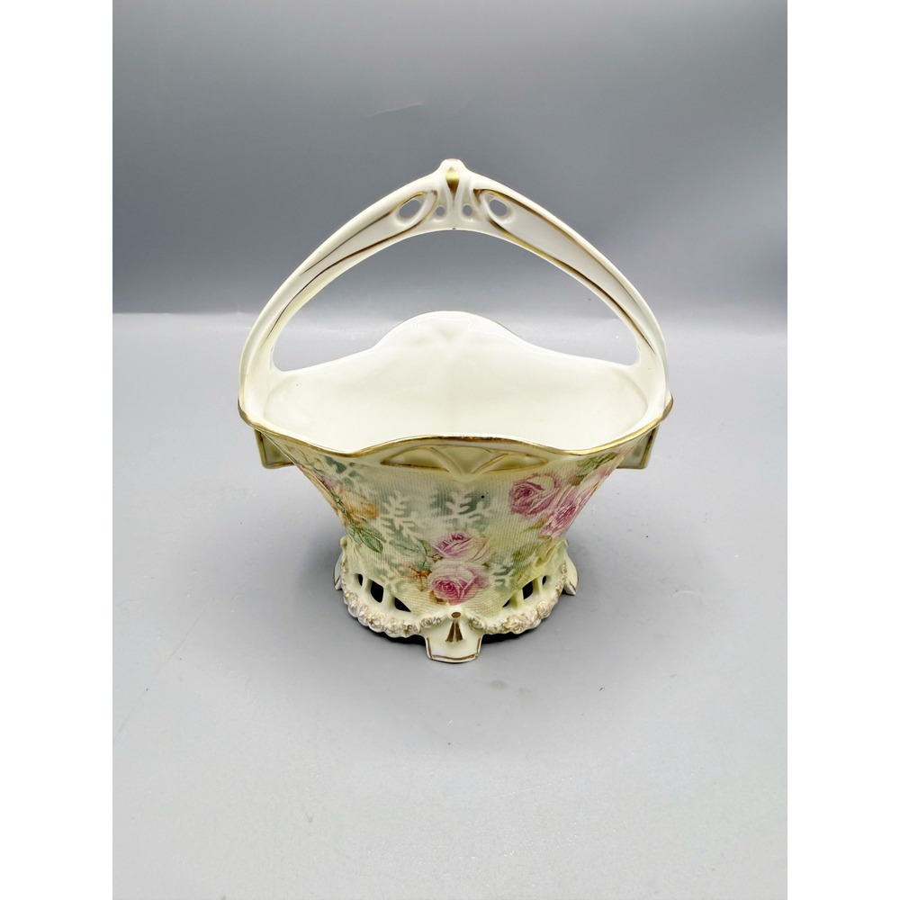 Royal Bayreuth Bavaria Antique Porcelain Floral Basket Hand Painted Gold Trim‎
